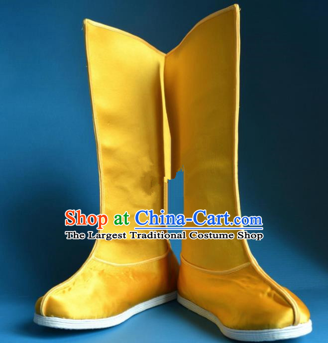 Chinese Traditional Beijing Opera Takefu Shoes Ancient Qing Dynasty Emperor Yellow Satin Boots for Men