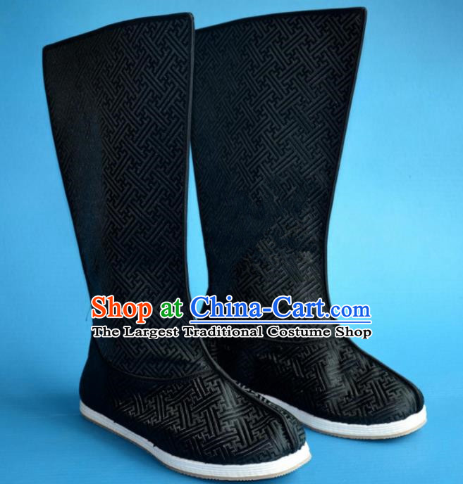 Chinese Traditional Beijing Opera Takefu Shoes Ancient Qing Dynasty Emperor Black Satin Boots for Men