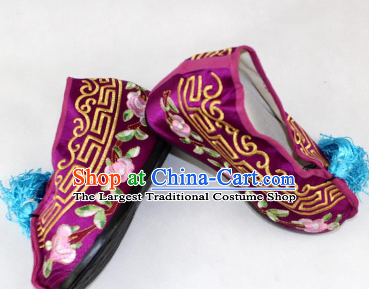 Chinese Traditional Beijing Opera Purple Blood Stained Shoes Ancient Handmade Princess Embroidered Shoes for Women