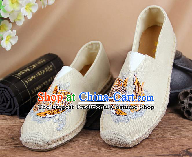 Chinese National Shoes Traditional Beige Cloth Shoes Embroidery Martial Arts Shoes for Men