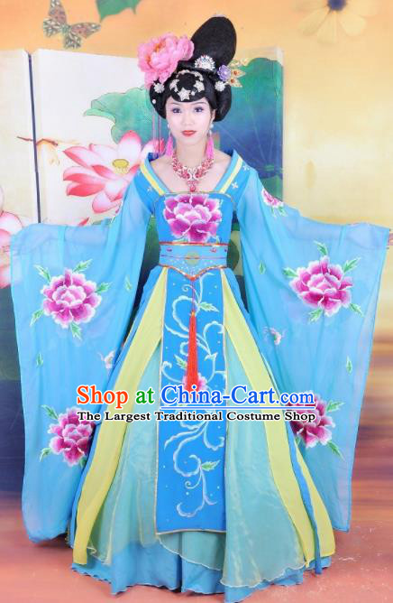 Traditional Chinese Classical Dance Embroidered Costumes Ancient Imperial Consort Blue Hanfu Dress for Women