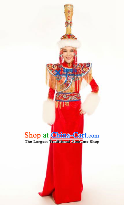 Chinese Traditional Ethnic Costumes Mongolian Minority Nationality Dance Red Dress for Women