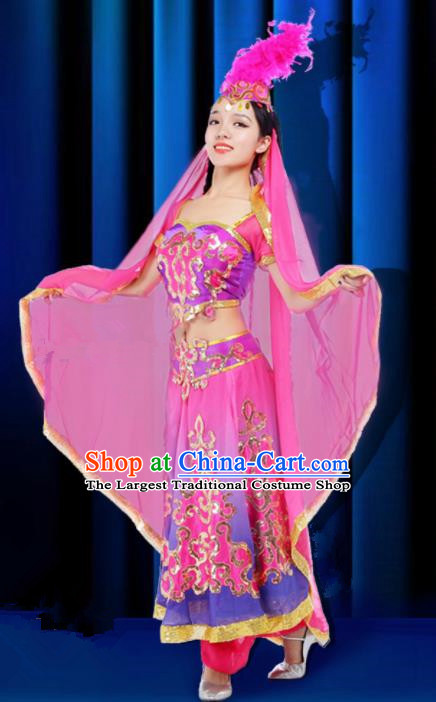 Chinese Traditional Uigurian Ethnic Costumes Stage Performance Minority Nationality Dance Pink Dress for Women