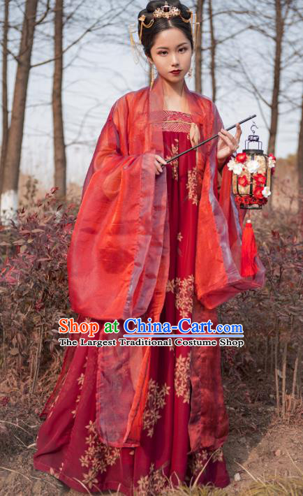 Chinese Ancient Traditional Red Hanfu Dress Tang Dynasty Imperial Consort Embroidered Costumes for Women