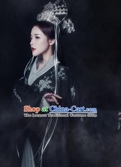 Traditional Chinese Ancient Tang Dynasty Queen Black Costumes and Headpiece Complete Set for Women