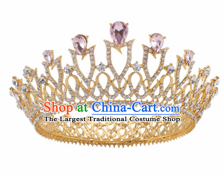 Top Grade Baroque Retro Wedding Hair Accessories Bride Pink Crystal Golden Royal Crown for Women