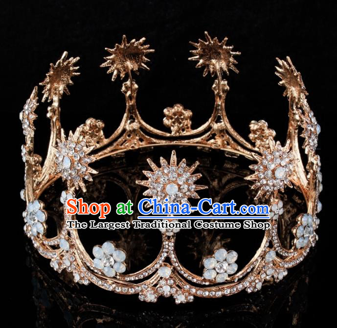 Top Grade Baroque Princess Retro Golden Round Royal Crown Bride Crystal Wedding Hair Accessories for Women