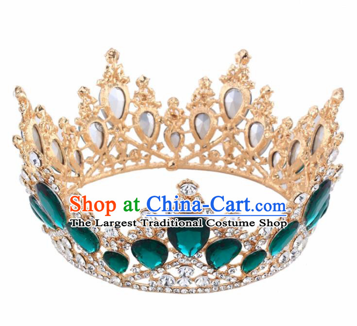 Top Grade Baroque Princess Retro Golden Round Royal Crown Bride Green Crystal Wedding Hair Accessories for Women