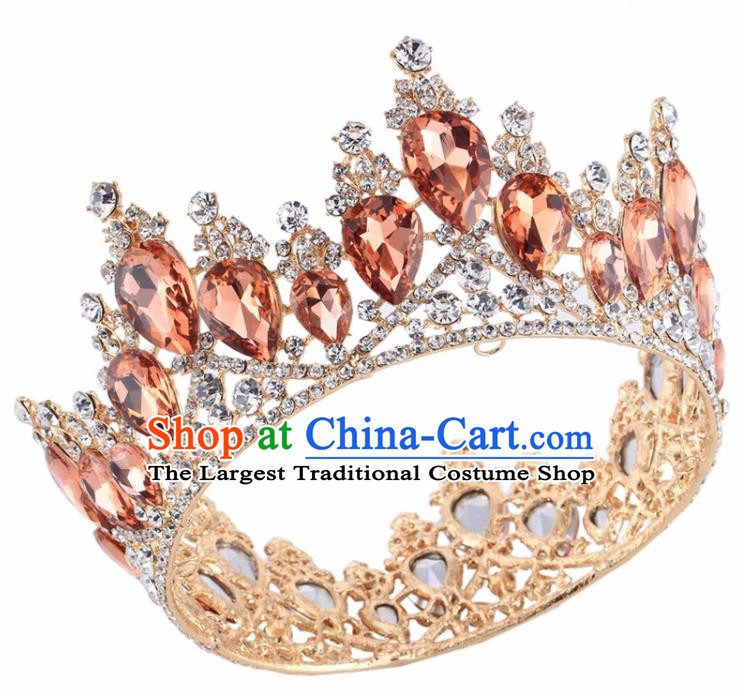 Top Grade Baroque Princess Retro Golden Round Royal Crown Bride Orange Crystal Wedding Hair Accessories for Women