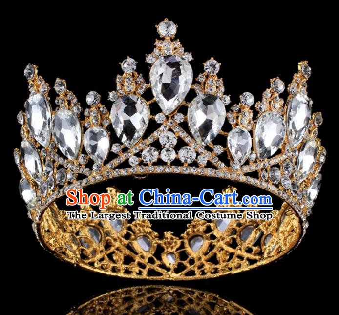 Top Grade Baroque Princess Retro Golden Round Royal Crown Bride Crystal Wedding Hair Accessories for Women