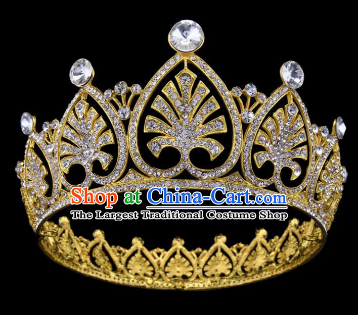 Top Grade Baroque Style Golden Crystal Royal Crown Bride Retro Wedding Hair Accessories for Women