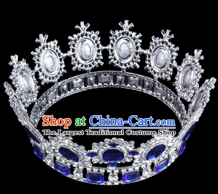 Top Grade Baroque Style Blue Rhinestone Royal Crown Bride Retro Wedding Hair Accessories for Women