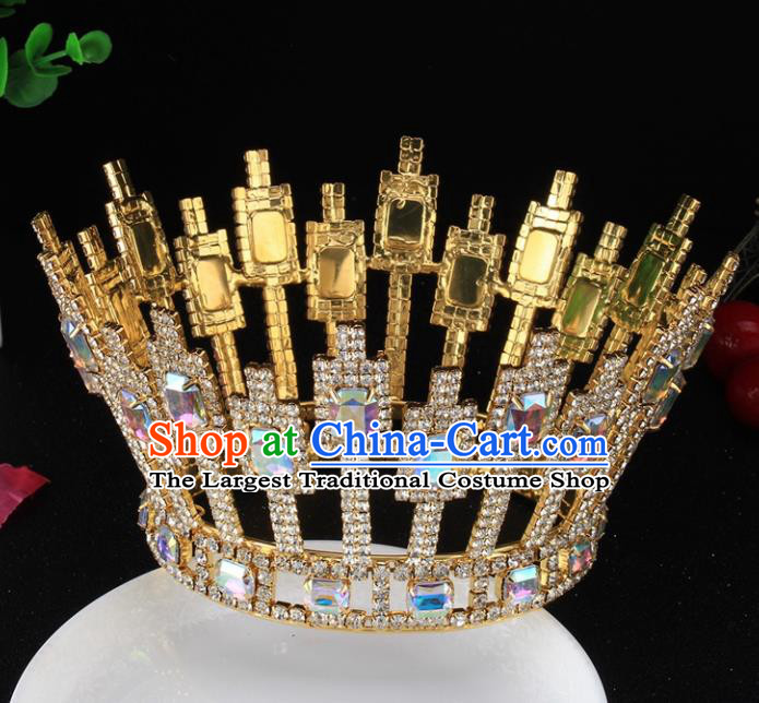Top Grade Baroque Handmade Crystal Golden Round Royal Crown Bride Retro Wedding Hair Accessories for Women