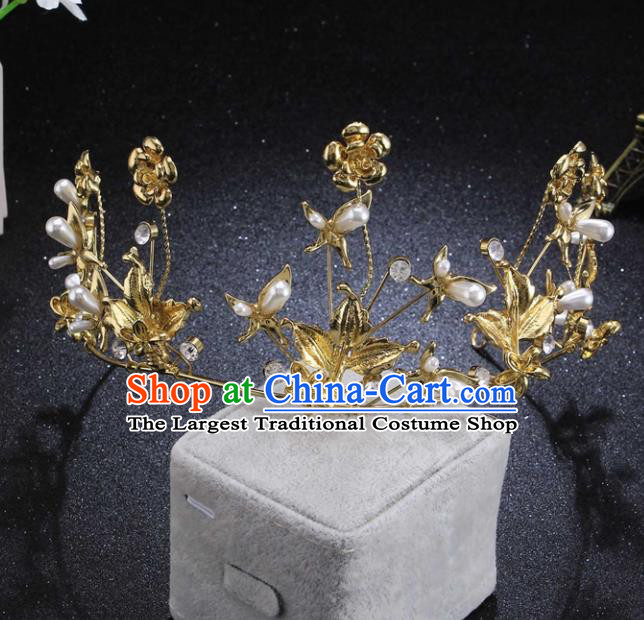 Top Grade Wedding Bride Pearls Hair Accessories Baroque Princess Retro Golden Flowers Royal Crown for Women