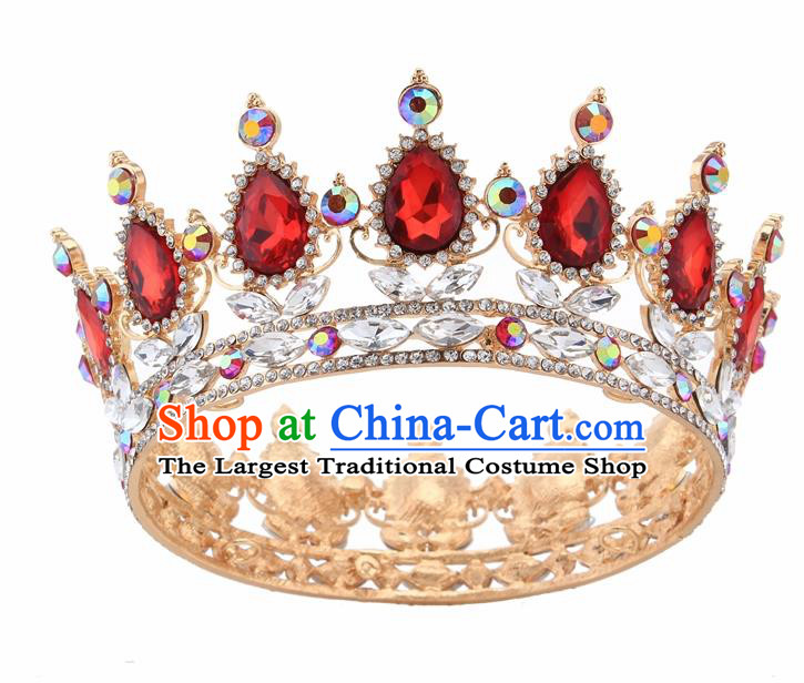 Top Grade Queen Retro Red Rhinestone Golden Royal Crown Baroque Wedding Bride Hair Accessories for Women