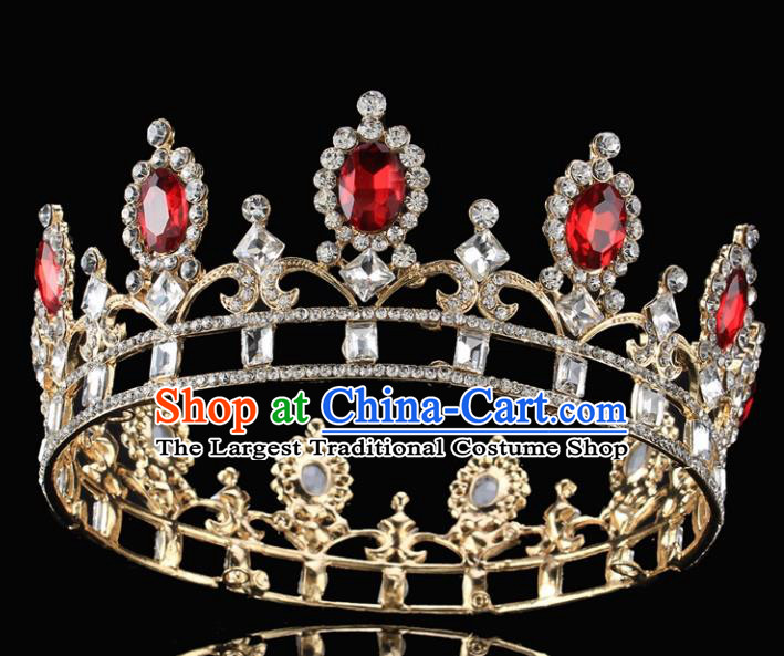 Handmade Top Grade Wedding Red Crystal Royal Crown Baroque Princess Retro Hair Accessories for Women