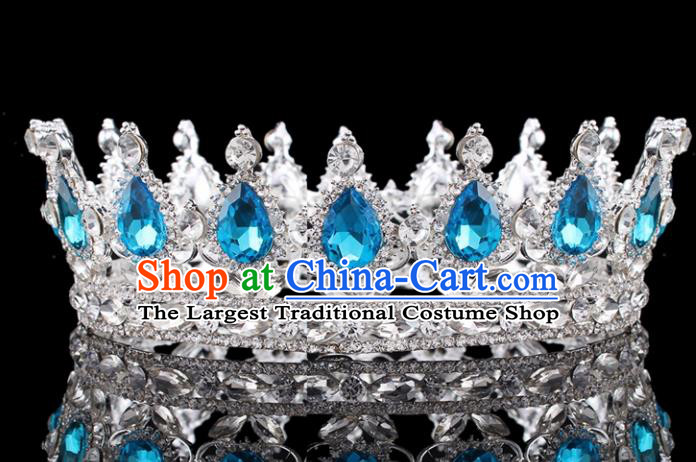Top Grade Baroque Court Queen Blue Crystal Royal Crown Retro Wedding Bride Hair Accessories for Women