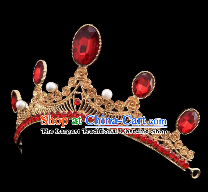 Top Grade Bride Wedding Hair Jewelry Accessories Baroque Red Crystal Royal Crown for Women