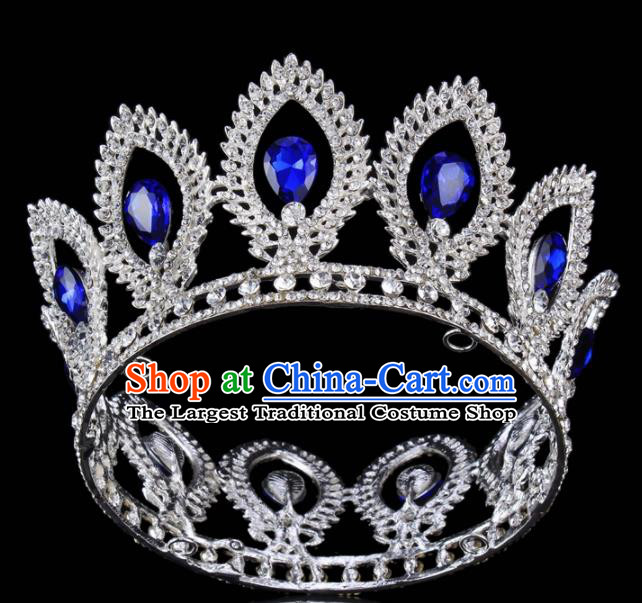 Top Grade Bride Wedding Hair Jewelry Accessories Baroque Blue Crystal Round Royal Crown for Women