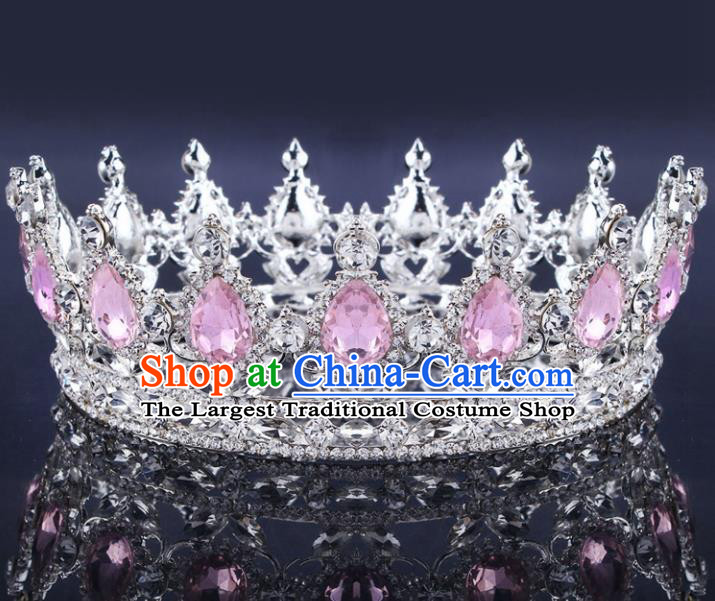 Handmade Bride Wedding Hair Jewelry Accessories Baroque Queen Pink Crystal Royal Crown for Women