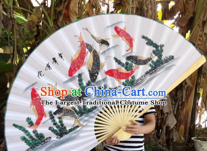 Chinese Traditional Paper Fans Decoration Crafts Handmade Printing Nine Fishes Wood Frame Folding Fans