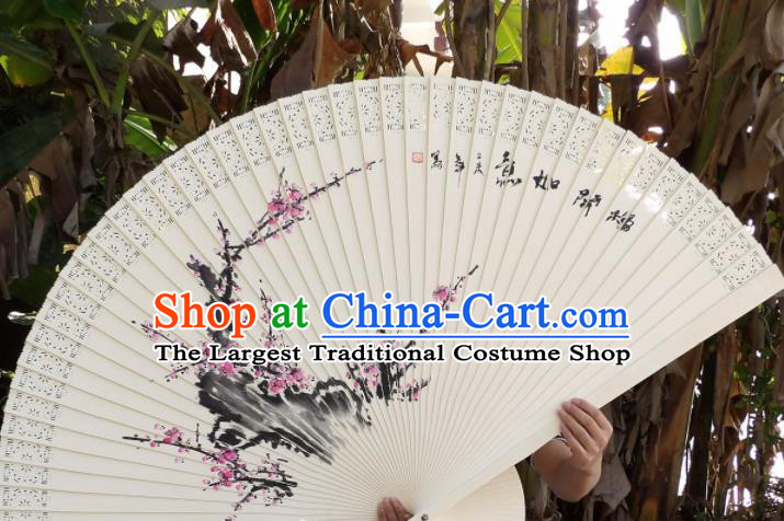 Chinese Traditional Wood Fans Decoration Crafts Handmade Printing Plum Blossom Folding Fans