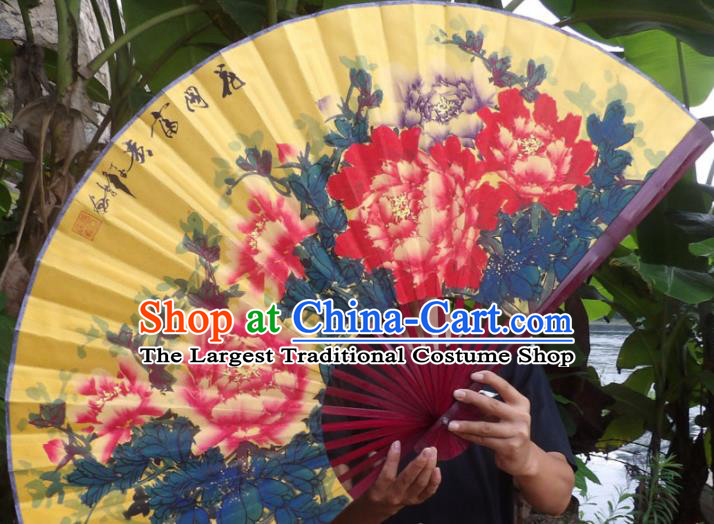 Chinese Traditional Fans Decoration Crafts Painting Wealth Peony Folding Fans Yellow Paper Fans