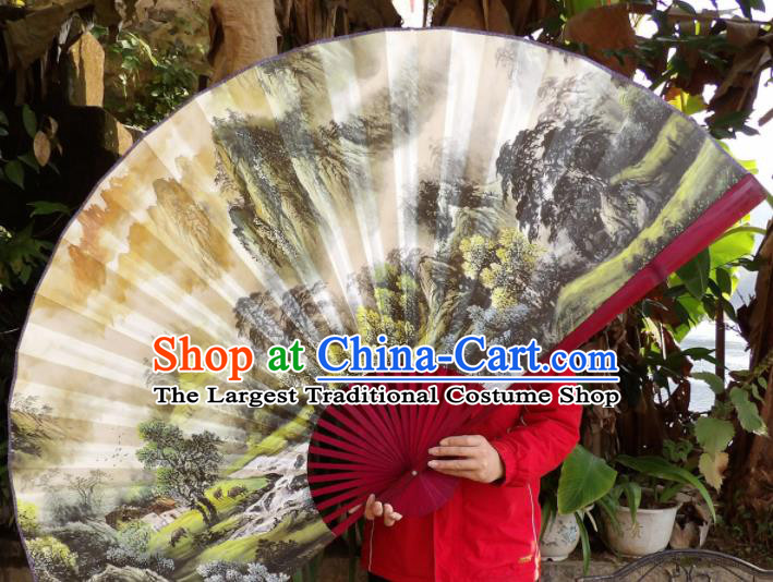 Chinese Traditional Fans Decoration Crafts Hand Ink Painting Landscape Red Frame Folding Fans Paper Fans