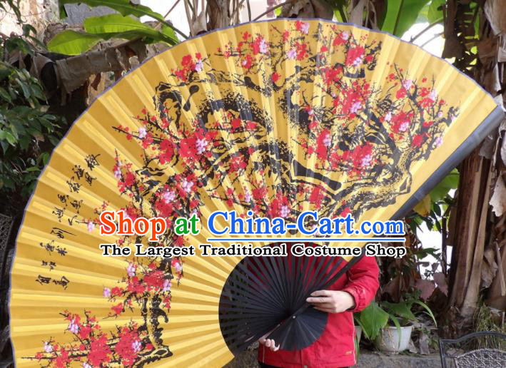 Chinese Traditional Fans Decoration Crafts Painting Plum Blossom Black Frame Folding Fans Yellow Silk Fans