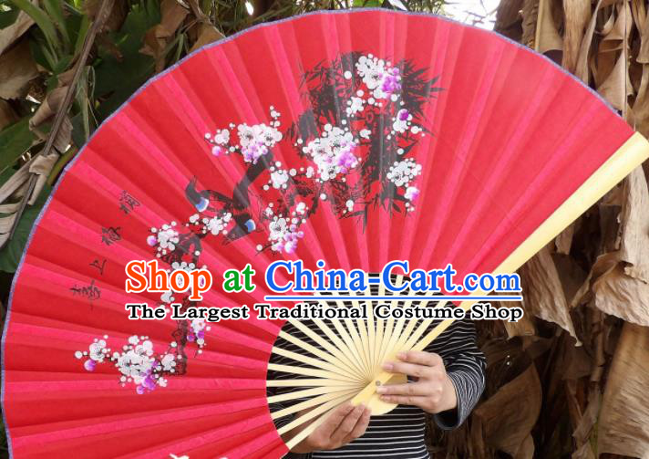 Chinese Traditional Handmade Red Silk Fans Decoration Crafts Painting Plum Blossom Magpie Wood Frame Folding Fans