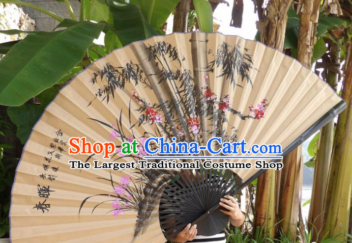 Chinese Traditional Handmade Paper Fans Decoration Crafts Ink Painting Plum Blossom Orchid Bamboo Black Frame Folding Fans