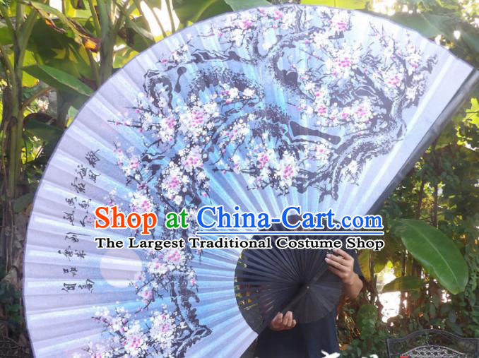 Chinese Traditional Handmade Blue Silk Fans Decoration Crafts Ink Painting Plum Blossom Black Frame Folding Fans