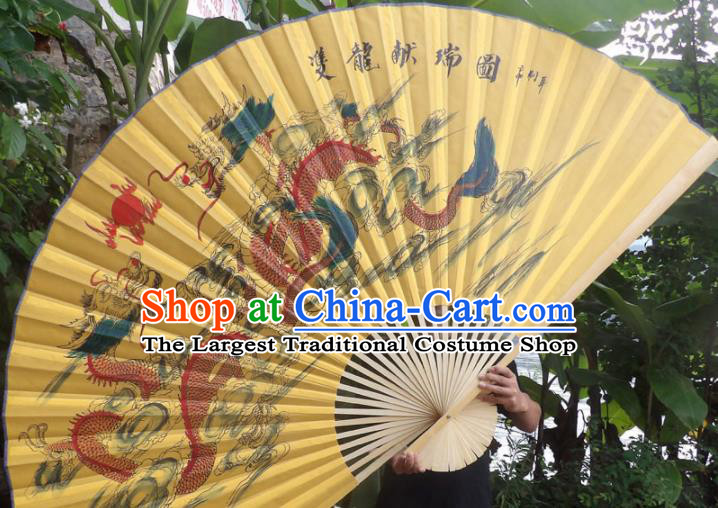 Chinese Traditional Handmade Yellow Silk Fans Decoration Crafts Ink Painting Dragon Wood Frame Folding Fans