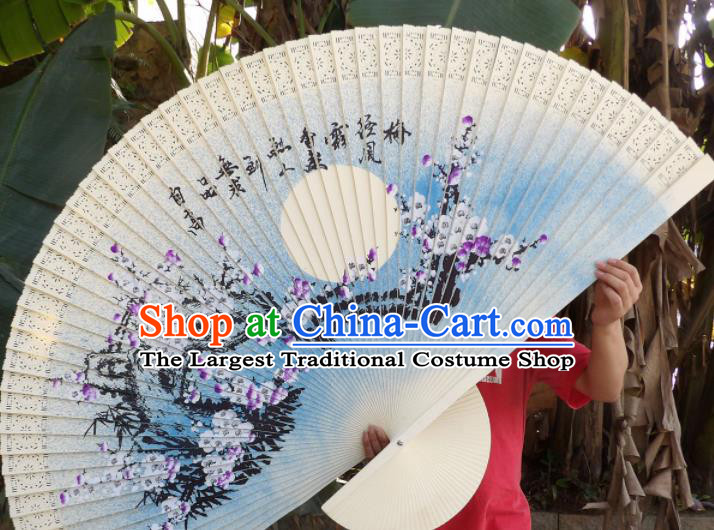 Chinese Traditional Handmade Wood Fans Decoration Crafts Ink Painting Purple Plum Blossom Folding Fans