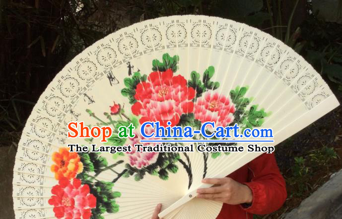 Chinese Traditional Handmade Wood Fans Decoration Crafts Ink Painting Peony Flowers Folding Fans