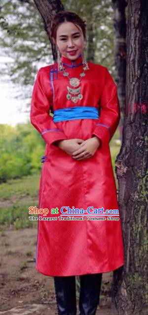 Chinese Mongol Minority Ethnic Costume Traditional Red Brocade Mongolian Robe for Women