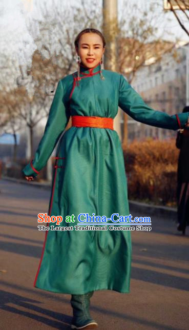 Chinese Traditional Mongol Ethnic Female Costume Mongolian Minority Nationality Green Robe for Women