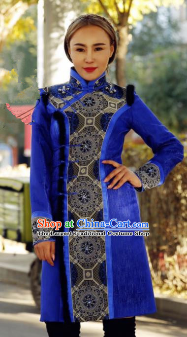 Chinese Traditional Mongol Ethnic Female Costume Mongolian Minority Nationality Royalblue Dress for Women