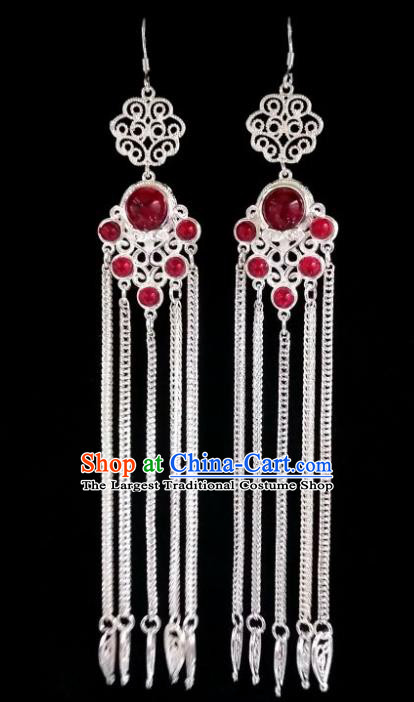 Chinese Ethnic Jewelry Accessories Mongolian Minority Nationality Long Red Earrings for Women