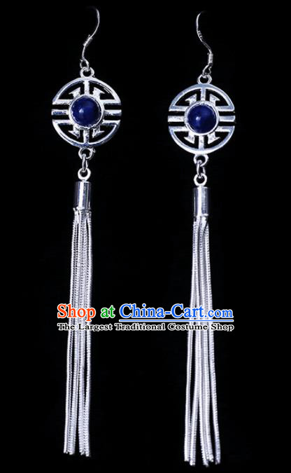 Chinese Traditional Ethnic Jewelry Accessories Eardrop Mongolian Blue Beads Earrings for Women