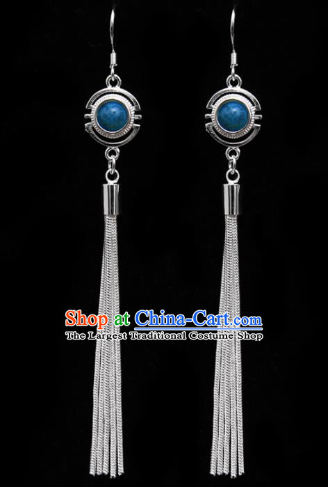 Chinese Traditional Ethnic Tassel Eardrop Jewelry Accessories Mongolian Blue Earrings for Women