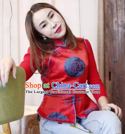 Chinese Mongol Minority Ethnic Costume Traditional Red Brocade Mongolian Vest for Women