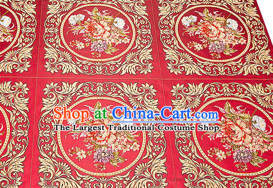 Chinese Traditional Red Brocade Fabric Asian Embroidery Peony Pattern Design Satin Cushion Silk Fabric Material