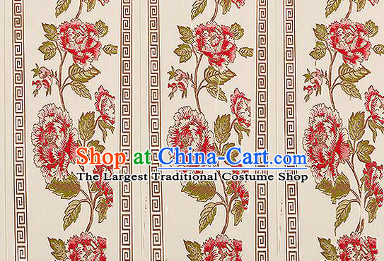 Traditional Chinese Classical Beige Satin Brocade Drapery Embroidery Peony Pattern Design Cushion Silk Fabric Material