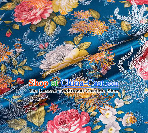 Traditional Chinese Classical Blue Satin Brocade Drapery Chrysanthemum Peony Pattern Design Qipao Dress Silk Fabric Material