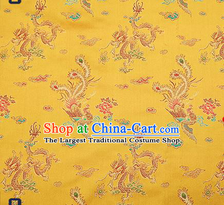 Traditional Chinese Classical Golden Satin Brocade Drapery Dragon Phoenix Pattern Design Qipao Dress Silk Fabric Material