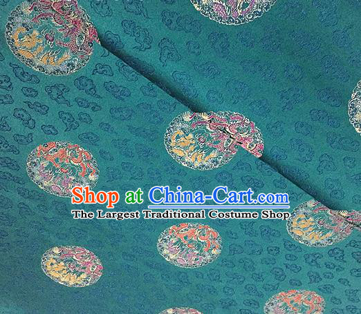 Traditional Chinese Tang Suit Silk Fabric Blue Brocade Material Classical Round Dragons Pattern Design Satin Drapery