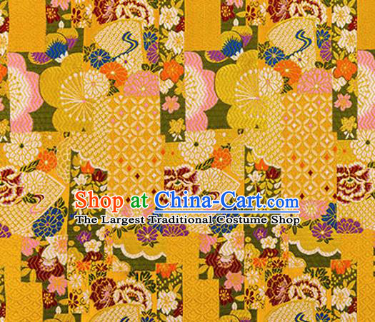 Asian Japanese Traditional Fabric Yellow Brocade Silk Material Classical Pattern Design Satin Drapery