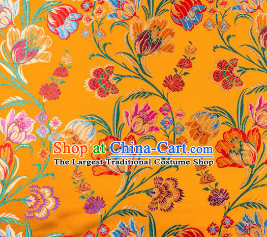 Asian Chinese Traditional Fabric Yellow Brocade Silk Material Classical Tulipa Pattern Design Satin Drapery