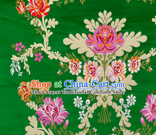 Asian Chinese Traditional Satin Fabric Tang Suit Green Brocade Silk Material Classical Peony Pattern Design Drapery